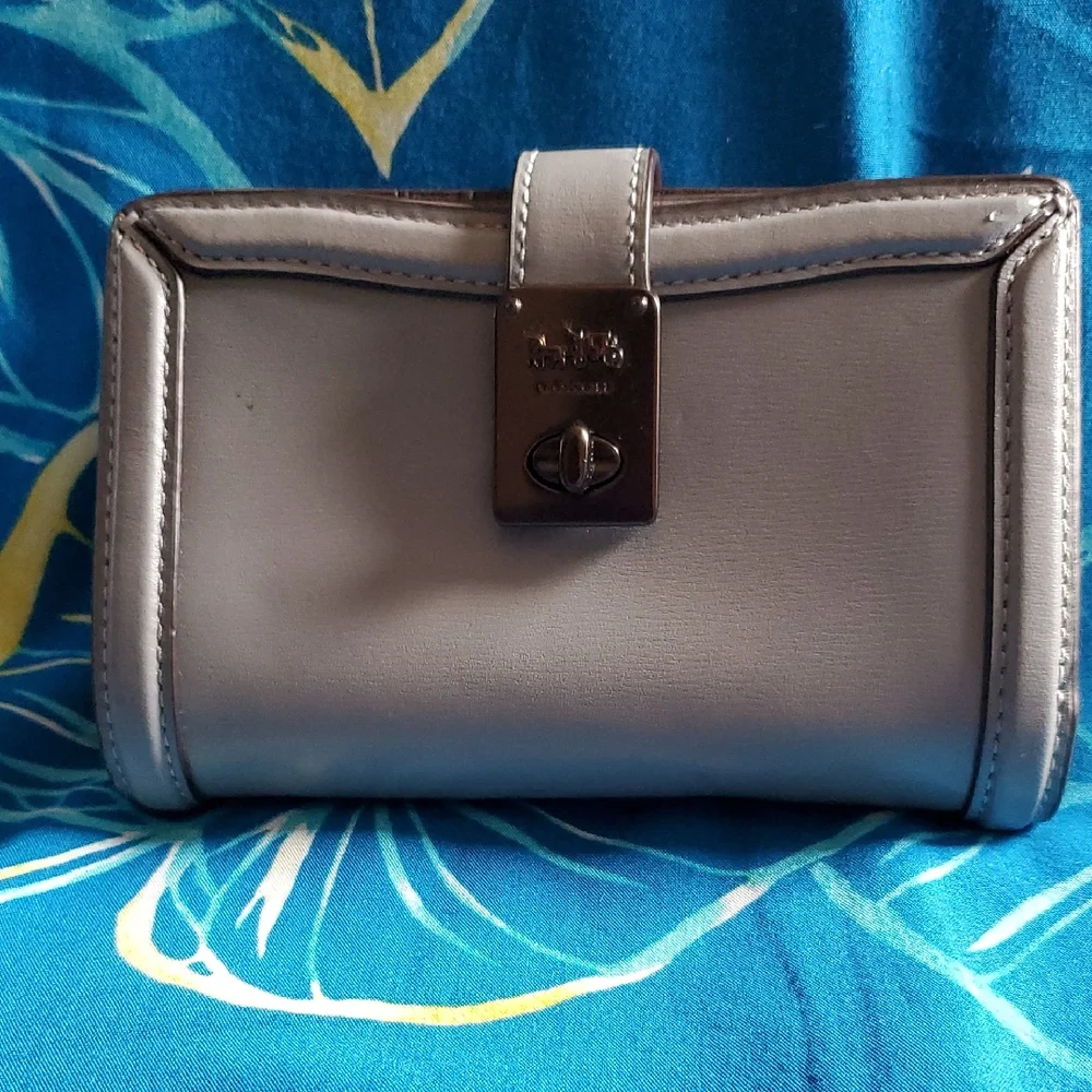 Coach Gray Compact Wallet with Metallic Finish